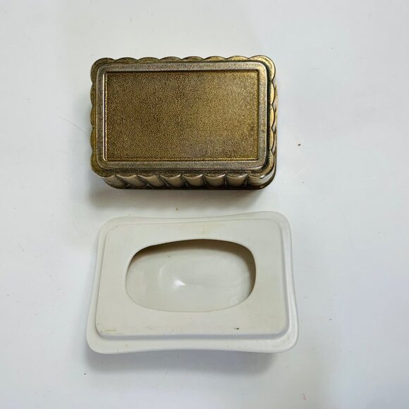 MCM Atomic Style Trinket Box Ridged Brass Base Ceramic Lid O Ring Handle Decor - Picture 7 of 13